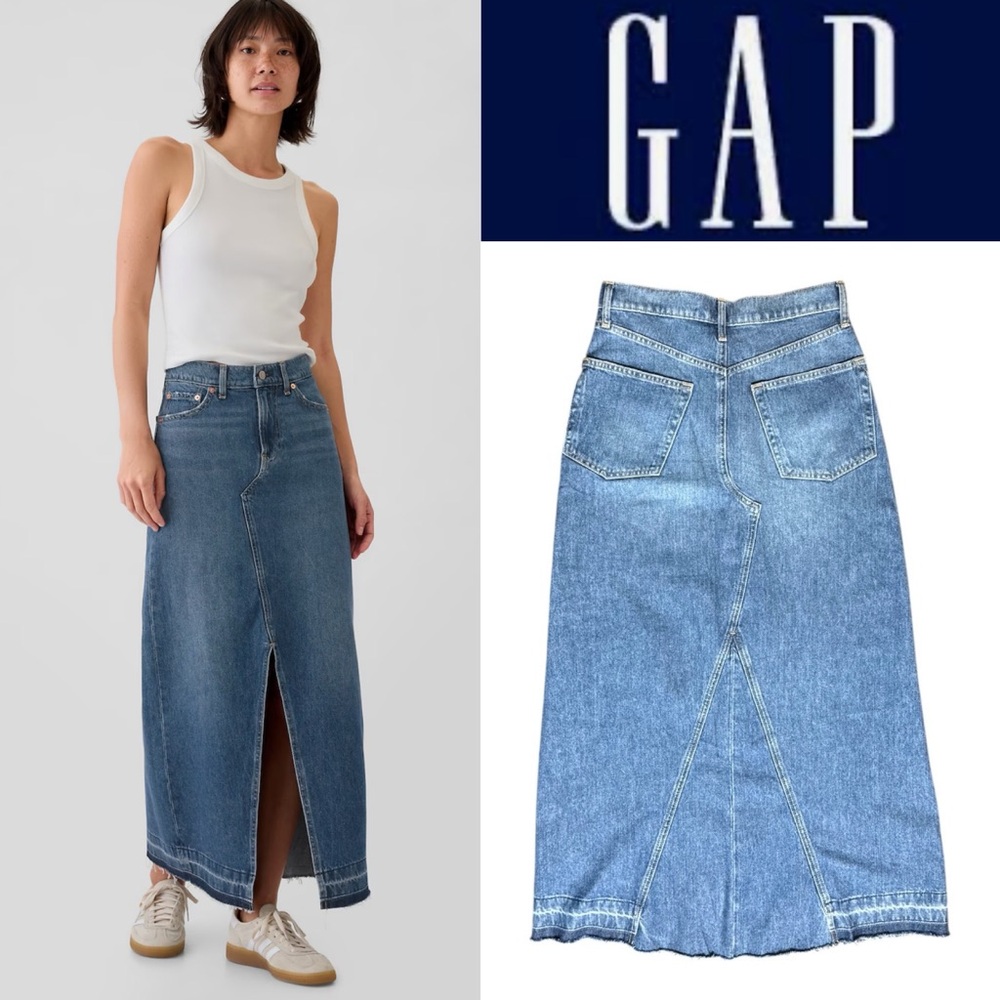 GAP MEDIUM WASH INDIGO DENIM DISTRESSED FRONT SLIT BOHO MAXI SKIRT